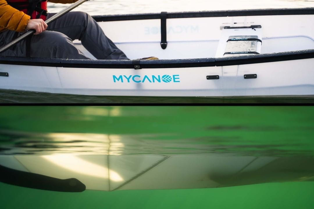 MyCanoe origami canoe on the water and the hull under the water